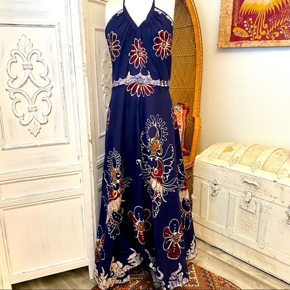 Vintage Dresses & Skirts - 70s Vintage Cotton Halter Batik Maxi Dress Navy Red Yellow White Print Size M
